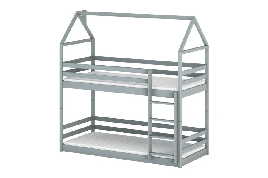 Grey house bed bunk bed for children made of solid wood with integrated ladder.