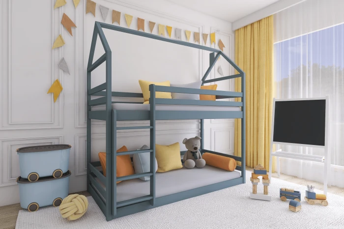 Eingerichtetes Kinderzimmer mit modernem Hausbett Etagenbett in Blau-Grau und Deko.