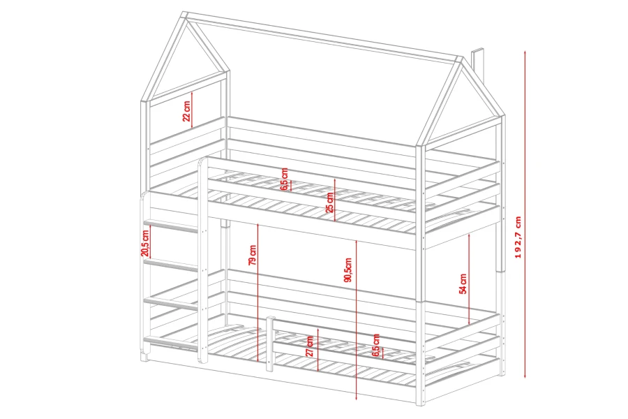 Maten en afmetingen voor het huisbed stapelbed voor de kinderkamer.