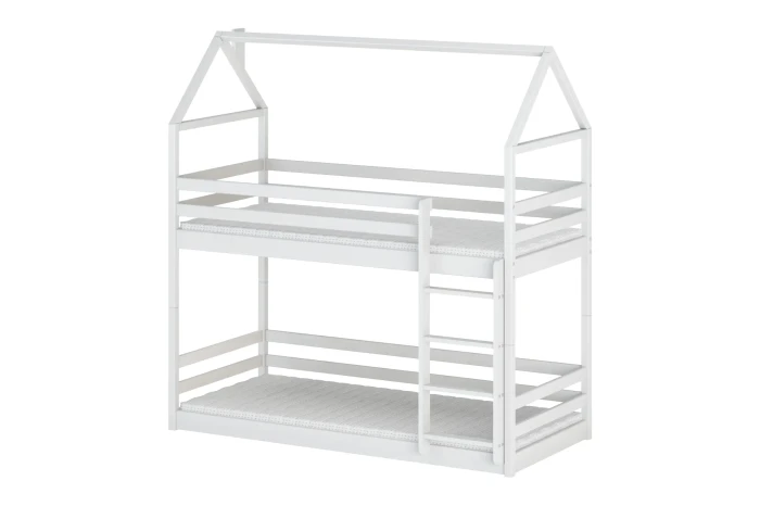 Wit kinder-stapelbed in huisoptiek met ladder en uitvalbeveiliging.