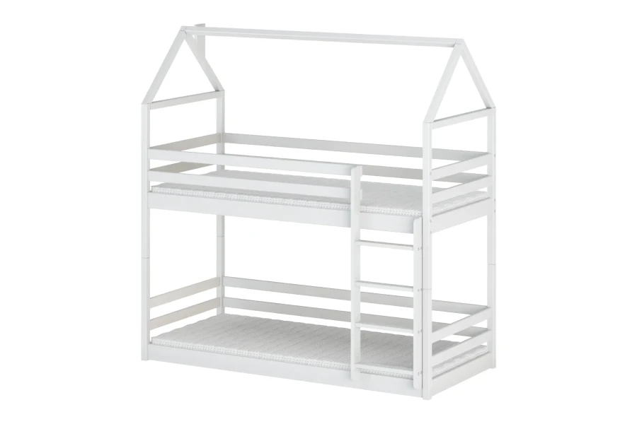 White children's bunk bed in house look with ladder and fall protection.