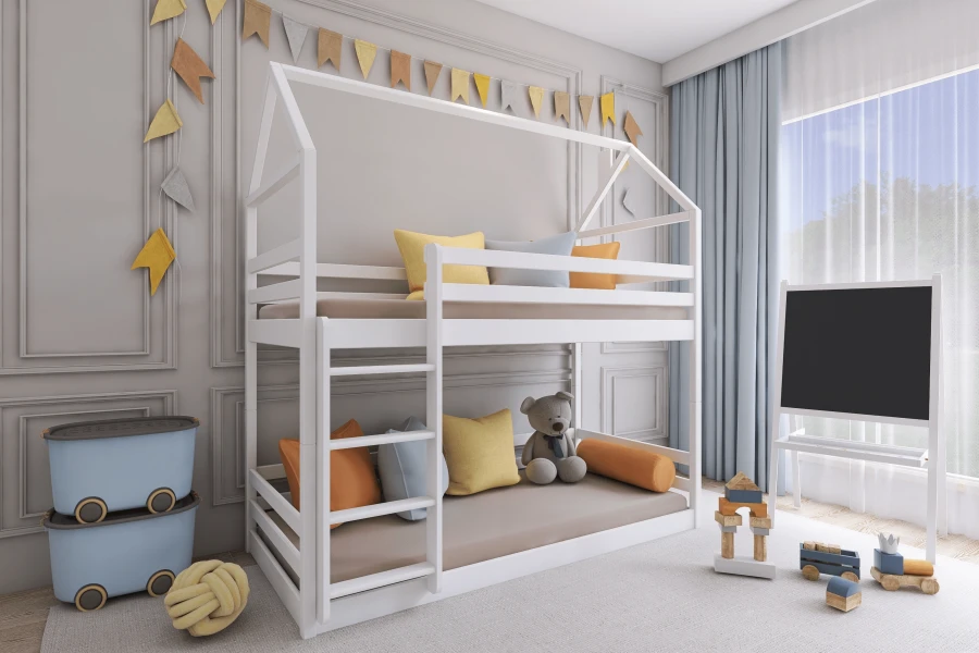 Wit stapelbed in huisvorm in de kinderkamer met kleurrijke decoratie en speelgoed.