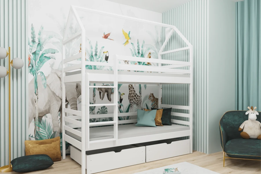 Wit stapelbed in huislook met twee ligoppervlakken en praktische bedladen.
