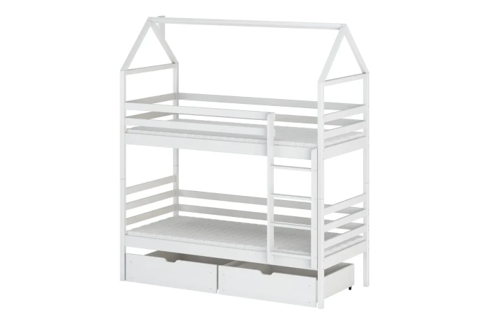 Weißes Etagenbett in Hausform mit zwei geräumigen Schubladen für zusätzlichen Stauraum im Kinderzimmer.