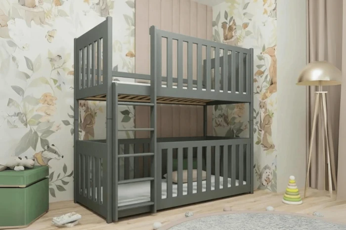 Gemütliches Kinderzimmer mit grauem Doppelstockbett, verspielter Tiertapete und sicherem Rausfallschutz.