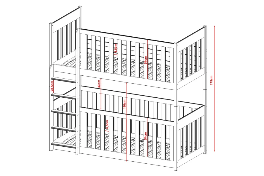 Dimensions for bunk bed: 175 cm total height, 54 cm high fall protection, and 110 cm distance between the lying surfaces.