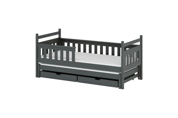 Dunkelgraues Kinderbett mit praktischem Ausziehbett und zwei Schubladen für extra Stauraum.