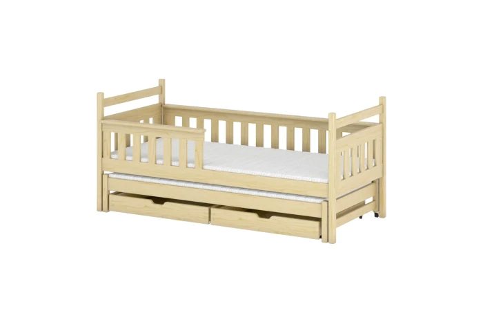 Funktionales Kinderbett aus Naturholz mit zweiter Liegefläche und praktischen Bettschubladen.