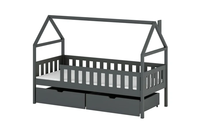 Dunkelgraues Hausbett für Kinder mit Rausfallschutz und zwei geräumigen Schubladen.
