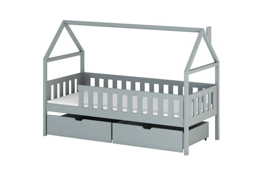 Graues Hausbett aus Massivholz mit zwei Schubladen auf weißem Hintergrund.
