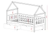 Maßskizze für Kinderhausbett mit Höhenangaben und Schubladendetails.