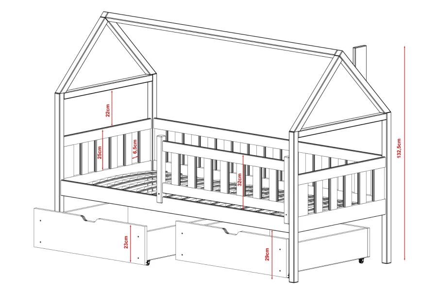Maßskizze für Kinderhausbett mit Höhenangaben und Schubladendetails.