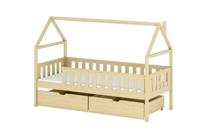 Hausbett für Kinder aus Kiefernholz mit zwei Schubladen auf weißem Hintergrund.