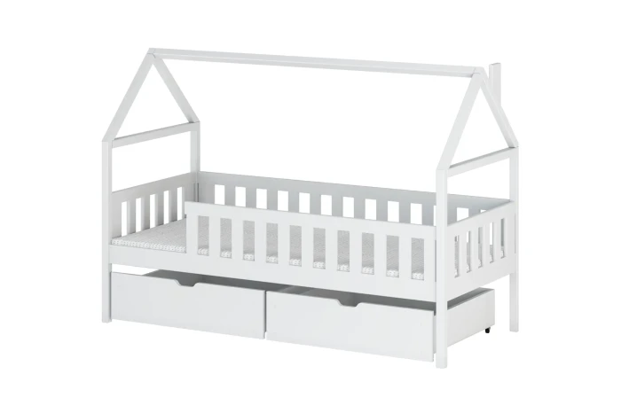 Weißes Kinderhausbett aus Holz mit Rausfallschutz und zwei Unterbettschubladen.