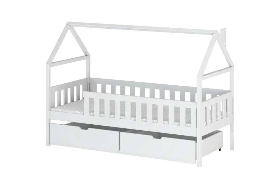 Weißes Kinderhausbett aus Holz mit Rausfallschutz und zwei Unterbettschubladen.