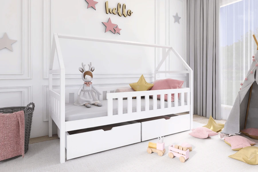 Weißes Hausbett für Mädchen mit rosa Akzenten, Sternen-Wanddeko und Spielzeugschubladen.