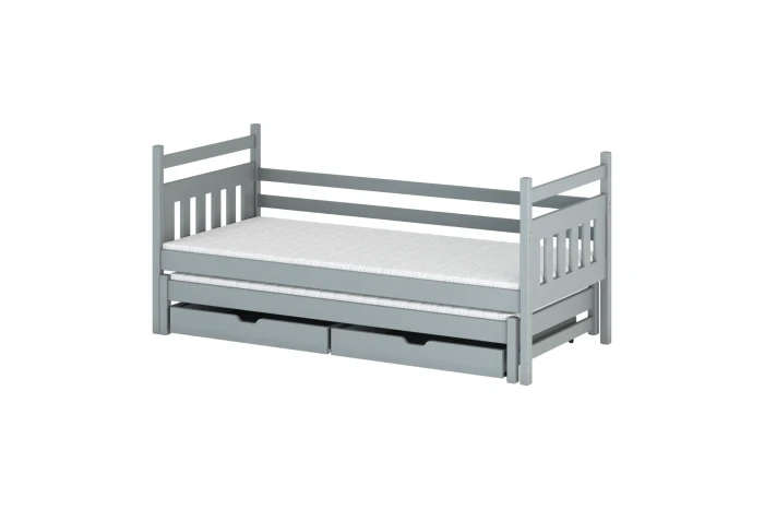 Graues Massivholzbett für Kinder mit zusätzlichem Gästebett und Stauraumschubladen.