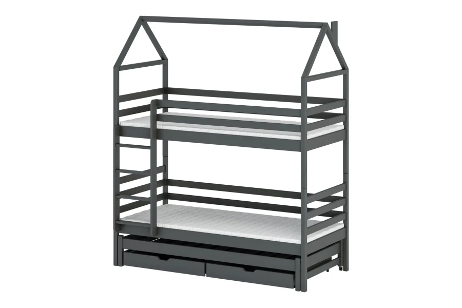 Grijs huisbed stapelbed voor kinderen met drie slaapplaatsen en laden op een witte achtergrond.