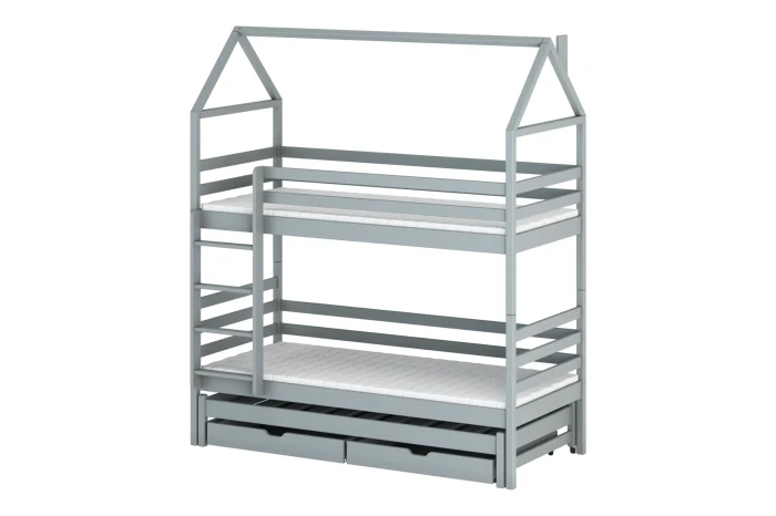 Modernes graues Etagenbett in Hausform mit zwei Liegeflächen und praktischen Bettschubladen.