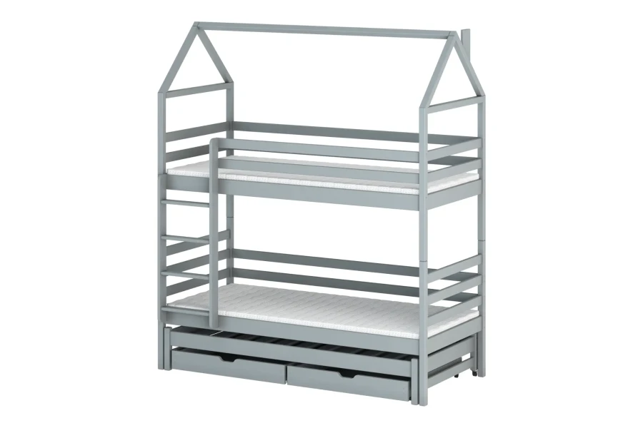 Modern grijs stapelbed in de vorm van een huis met twee ligoppervlakken en praktische bedlades.