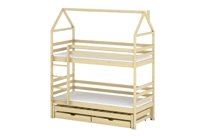 Etagenbett Hausbett aus Kiefernholz mit Schubladen auf weißem Hintergrund.