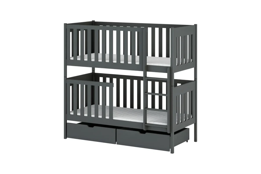 Grey wooden bunk bed with fall protection and two practical drawers on a white background.