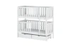 White solid wood bunk bed with two drawers and safety rail for children.