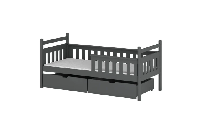 Modernes Kinderbett in Graphitgrau mit zwei praktischen Schubladen und Rausfallschutz.