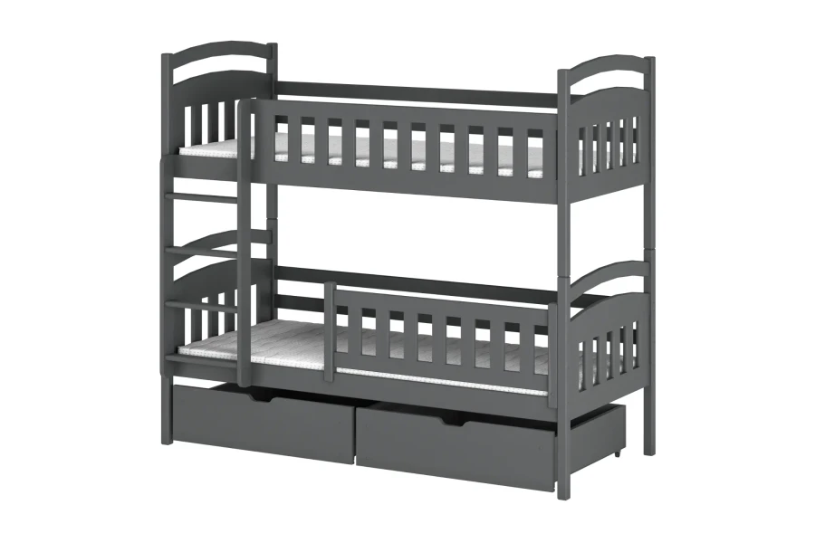 Graues Etagenbett aus Holz mit Bettkasten und Leiter für das Kinderzimmer.