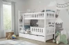 Weißes Hochbett für zwei Kinder mit Stauraum-Schubladen in verspielt dekoriertem Kinderzimmer.