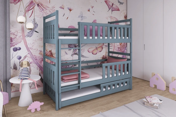 Blaugraues Etagenbett im Kinderzimmer mit Blumen-Tapete und drittem Ausziehbett.