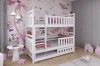Three-person bunk bed in white in a child's room decorated with pink butterfly wallpaper.