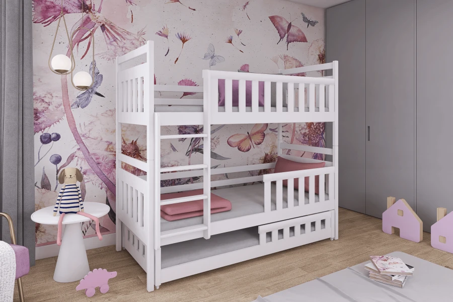 Drei-Personen Etagenbett in Weiß im Kinderzimmer mit rosa Schmetterlings-Tapete dekoriert.