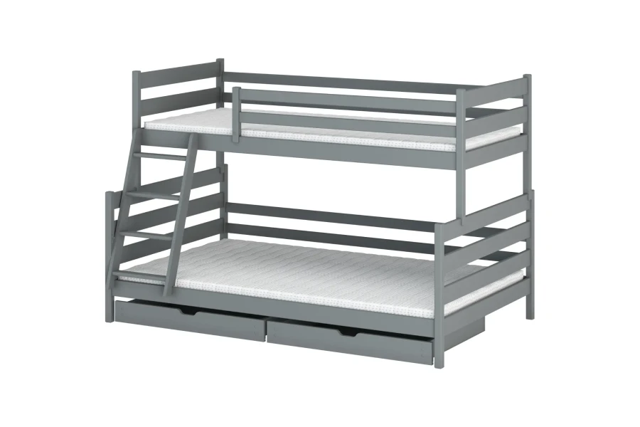 Graues Etagenbett aus Holz mit zwei Schubladen und Leiter für das Kinderzimmer.