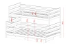 Technical drawing with dimensions for the bunk bed: height 140cm, ladder and drawer details.
