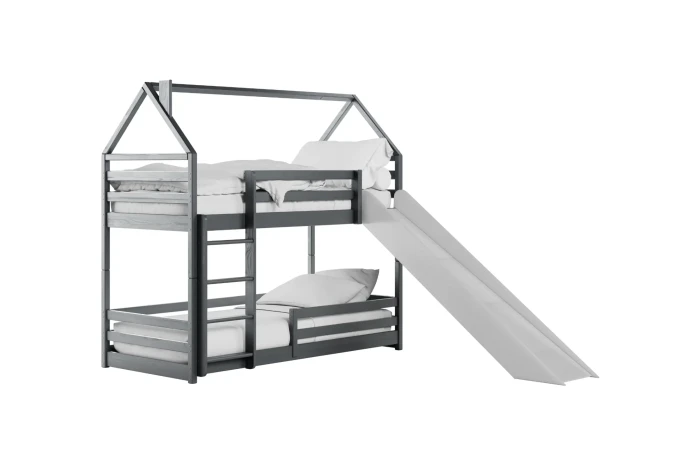 Hausbett Etagenbett in Graphit mit weißer Rutsche und Leiter.