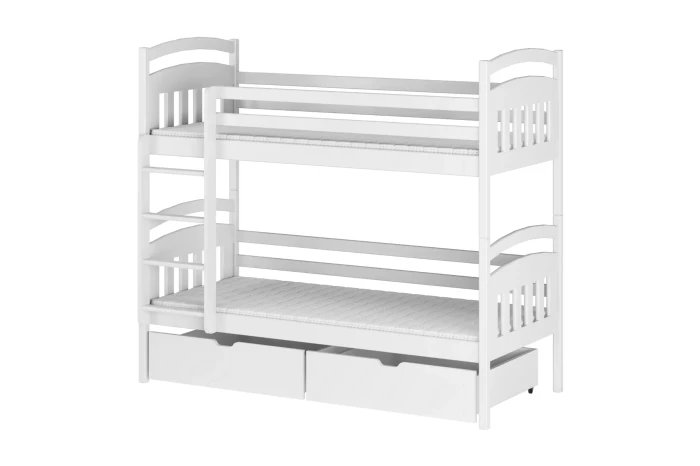 Weißes Etagenbett aus Holz für Kinder mit Leiter und praktischen Bettschubladen.