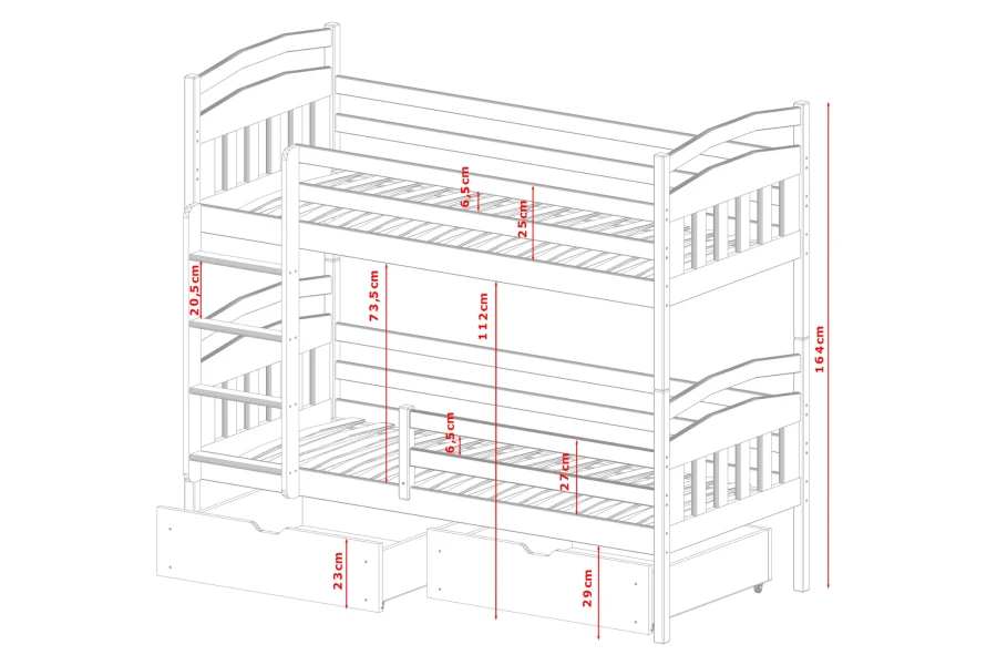Technical drawing with dimensions for the white children's bunk bed including height and width specifications.