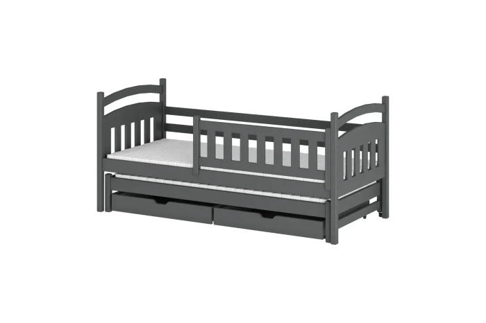Dunkelgraues Kinderbett mit Ausziehbett und zwei Schubladen aus Kiefernholz.