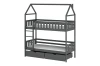 Modern grey house-bunk bed for children with practical drawers.