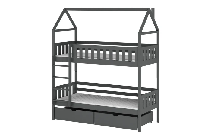 Modernes graues Haus-Etagenbett für Kinder mit praktischen Schubladen.