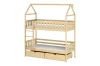 Modern children's bunk bed in house shape made of light pine wood with practical drawers.