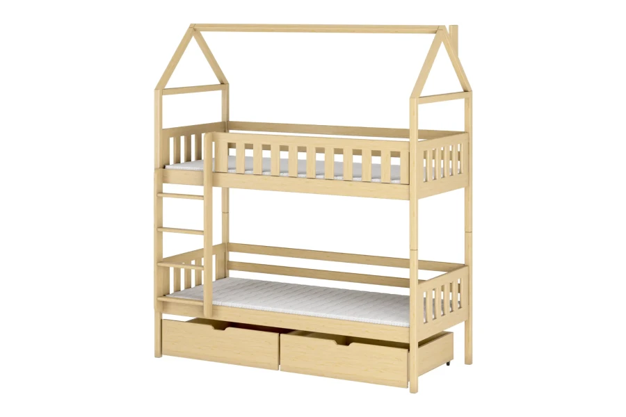 Modern children's bunk bed in house shape made of light pine wood with practical drawers.