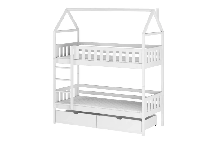 Weißes Hausbett Etagenbett aus Massivholz mit Leiter und Stauraumschubladen.
