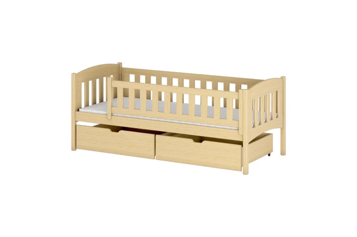 Klassisches Kinderbett aus Kiefer Massivholz in Natur mit zwei großen Schubladen für zusätzlichen Stauraum.