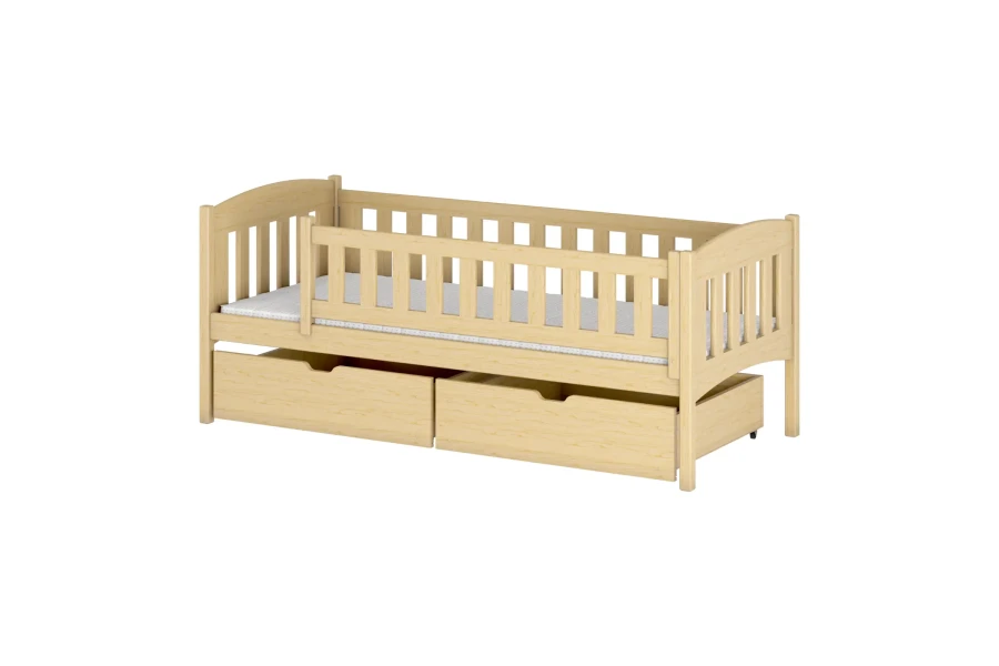 Klassisches Kinderbett aus Kiefer Massivholz in Natur mit zwei großen Schubladen für zusätzlichen Stauraum.