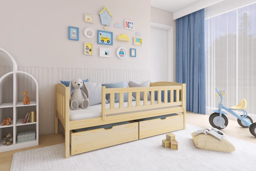 Eingerichtetes Kinderzimmer mit Naturholz-Bett, Kuscheltieren und blauen Akzenten für eine Wohlfühlatmosphäre.