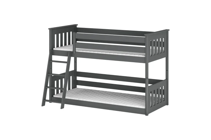 Graues Etagenbett aus Holz mit Leiter und Rausfallschutz für das Kinderzimmer.