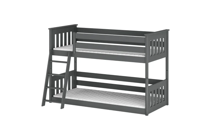 Grey wooden bunk bed with ladder and fall protection for the children's room.