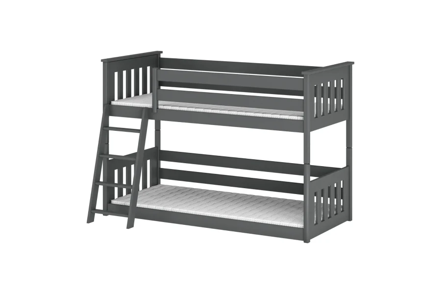 Graues Etagenbett aus Holz mit Leiter und Rausfallschutz für das Kinderzimmer.